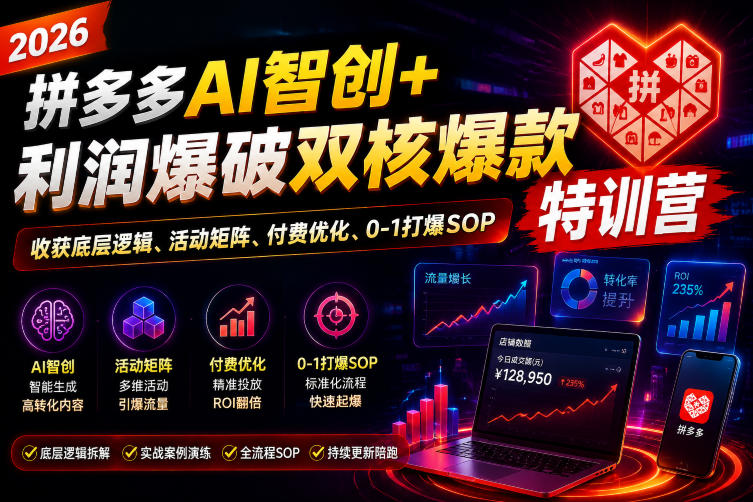 2026拼多多AI智创+利润爆破双核爆款特训营,收获底层逻辑、活动矩阵、付费优化、0-1打爆SOP 2026拼多多AI智创+利润爆破双核爆款特训营,收获底层逻辑、活动矩阵、付费优化、0-1打爆SOP