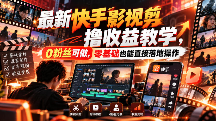 最新快手影视混剪撸收益教学，0粉丝可做，零基础也能直接落地操作-免费资源