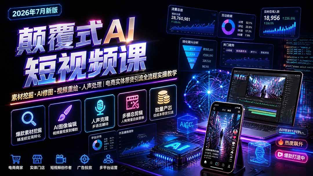 （19630期）颠覆式AI短视频课｜素材挖掘，AI修图，视频重绘，人声处理｜电商实体带货引流全流程实操教学-优优云网创