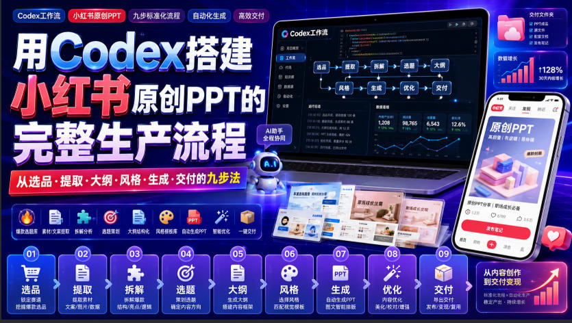 用Codex搭建小红书原创PPT的完整生产流程,从选品·提取·大纲·风格·生成·交付的九步法-优优云网创