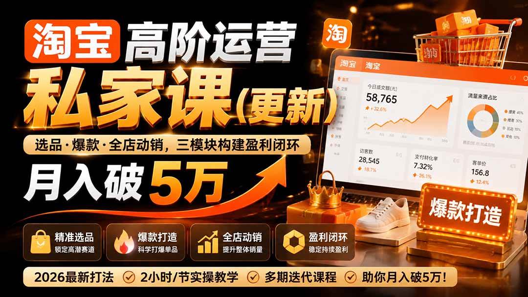 （19726期）淘宝高阶运营私家课（更新26年4月18）：选品、爆款、全店动销，三模块构建盈利闭环，月入破5万-优优云网创