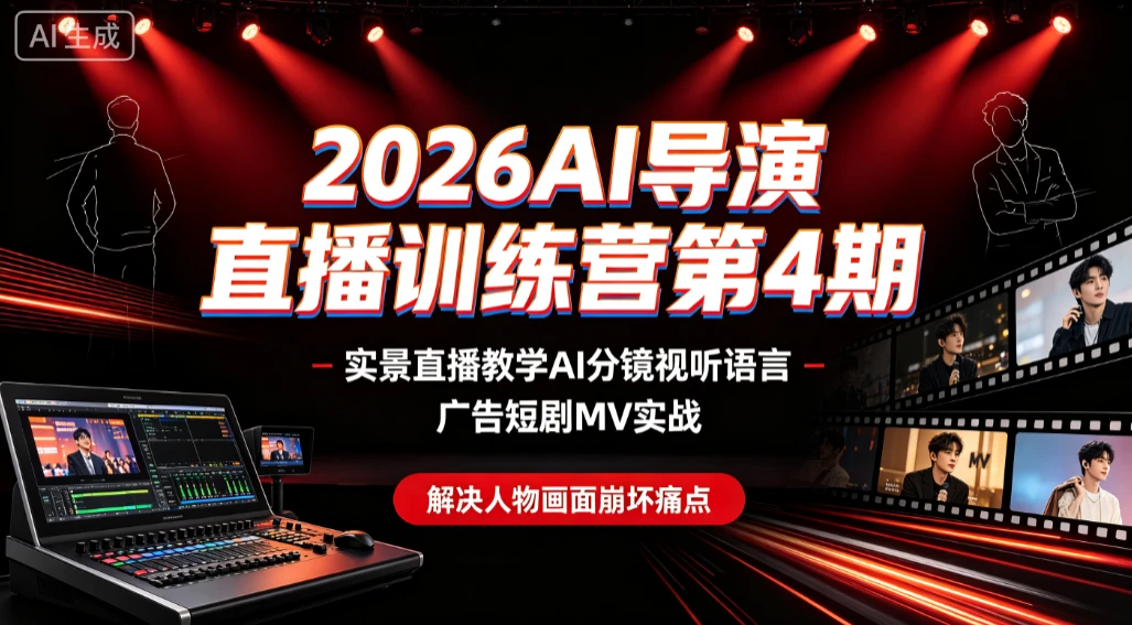 【精】2026AI导演直播训练营第4期,实景直播教学AI分镜视听语言,广告短剧MV实战,解决人物画面崩坏痛点-优优云网创