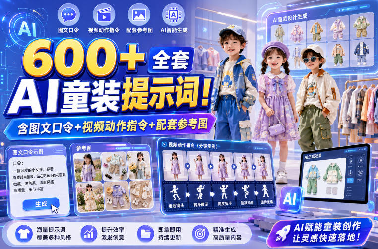 600+全套AI童装提示词！含图文口令+视频动作指令+配套参考图，Word-Excel规整分类，童装电商、种草无脑量产内容！-优优云网创