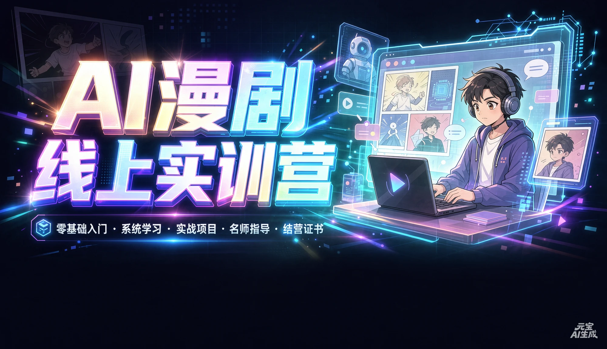 【精】AI漫剧线上实训营，零基础入门、系统学习、实战项目、名师指导、结营证书-优优云网创