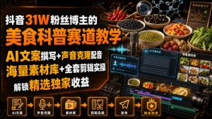 抖音31W粉丝博主的美食科普赛道教学,AI文案撰写+声音克隆配音+剪辑实操,解锁精选独家收益-优优云网创