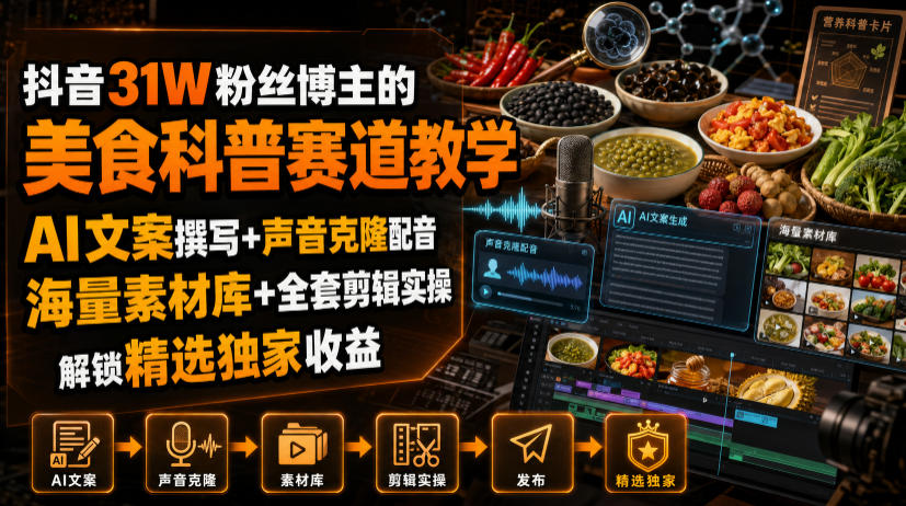 抖音31W粉丝博主的美食科普赛道教学，AI文案撰写+声音克隆配音+剪辑实操，解锁精选独家收益-优优云网创