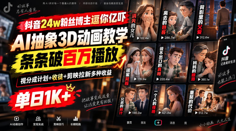 【精】抖音24w粉丝博主逗你亿吓AI抽象3D动画教学,条条破百万播放,分成计划+收徒+剪映拉新多种收益,单日1K+-优优云网创