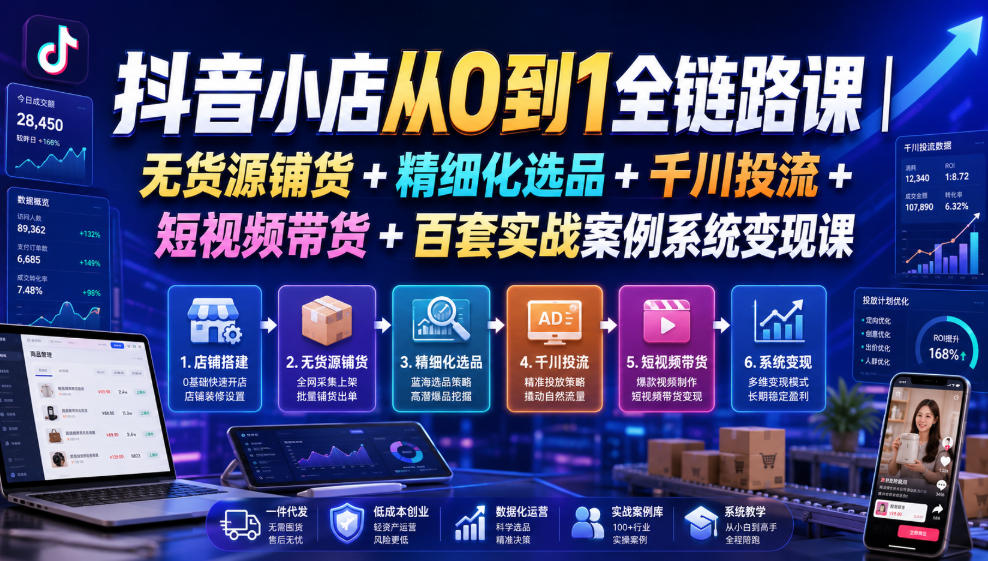 抖音小店从0到1全链路课｜无货源铺货+精细化选品+千川投流+短视频带货+百套实战案例系统变现课（2026年7月更新）-优优云网创