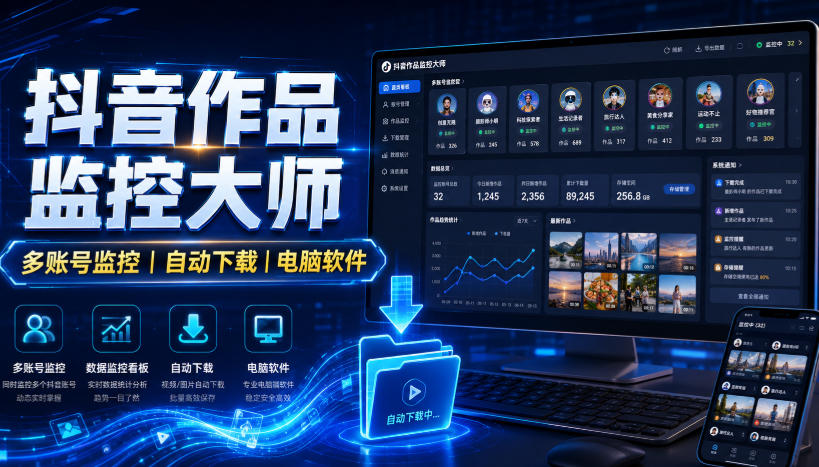 抖音作品监控大师,多账号监控丨自动下载丨电脑软件-优优云网创