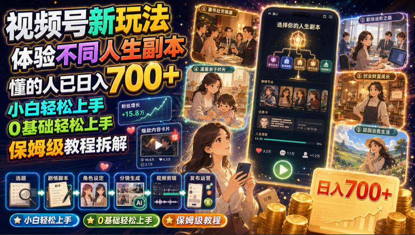 视频号新玩法体验不同人生副本，懂的人已日入700+，小白轻松上手，0基础轻松上手，保姆级教程拆解-优优云网创