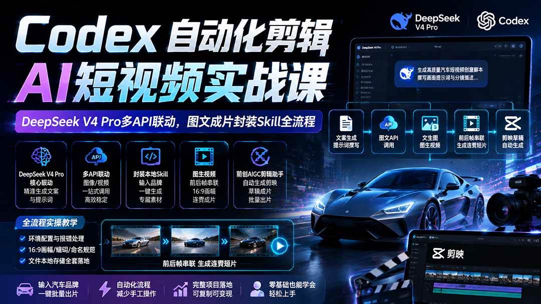(19711期)Codex自动化剪辑AI短视频实战课|DeepSeek V4 Pro多API联动,图文成片封装Skill全流程-优优云网创