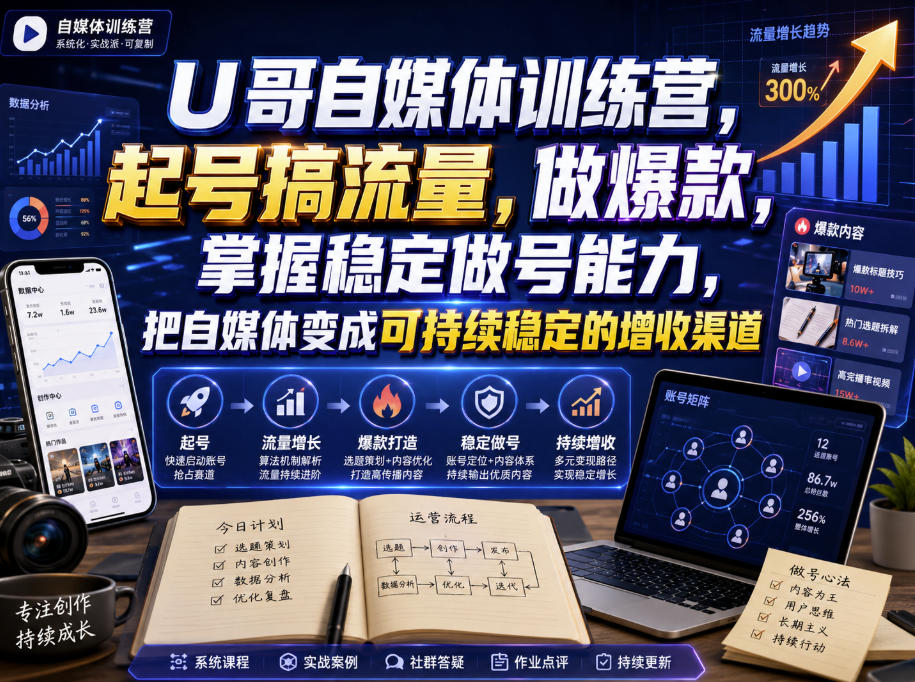 U哥自媒体训练营,起号搞流量,做爆款,掌握稳定做号能力,把自媒体变成可持续稳定的增收渠道-优优云网创