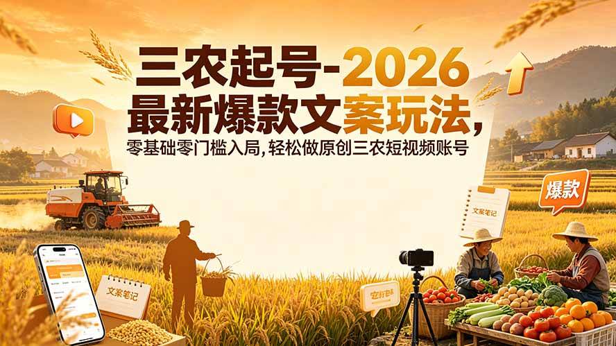 （19537期）三农起号-2026 最新爆款文案玩法，零基础零门槛入局，轻松做原创三农短视频账号-优优云网创