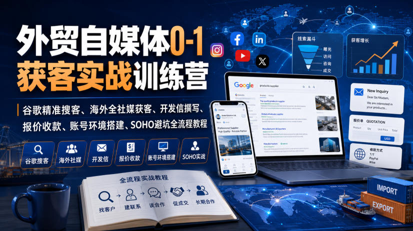 外贸自媒体0-1获客实战训练营|谷歌精准搜客、海外全社媒获客、开发信撰写、报价收款、账号环境搭建、SOHO避坑全流程教程-优优云网创