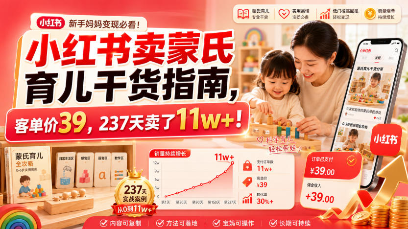 小红书卖蒙氏育儿干货指南，客单价39，237天卖了11w+！-优优云网创