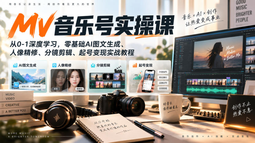 【精】AI MV音乐号实操课，从0-1深度学习，零基础AI图文生成、人像精修、分镜剪辑、起号变现实战教程-优优云网创