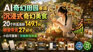 AI奇幻田园赛道，沉浸式奇幻美食，20个作品涨粉149.1W，橱窗带货27W件，小白可复制，详细教程拆解-优优云网创