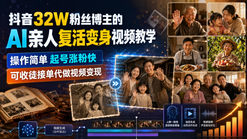 抖音32W粉丝博主的AI亲人复活变身视频教学,操作简单,起号涨粉快,可收徒接单代做视频变现-优优云网创