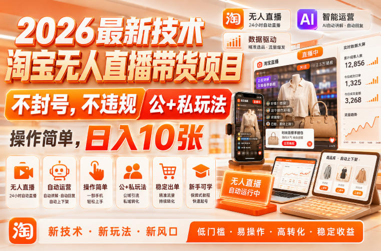 2026最新技术,淘宝无人直播带货项目,不封号,不违规,公+私玩法,操作简单,日入10张【揭秘】-优优云网创