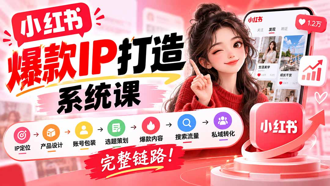 【无水印】小红书爆款IP打造课：IP定位→产品设计→账号包装→选题策划→爆款内容→搜索流量→私域转化，完整链路-免费资源