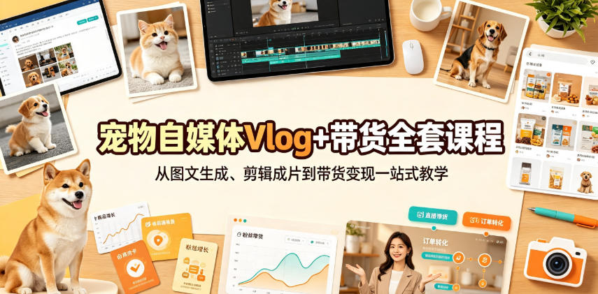 宠物自媒体Vlog+带货全套课程｜从图文生成、剪辑成片到带货变现一站式教学-优优云网创