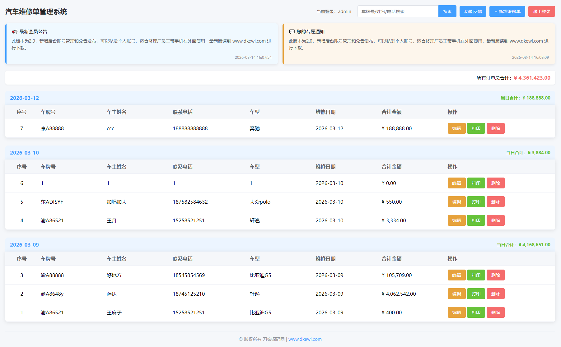 汽修单管理系统源码-优优云网创