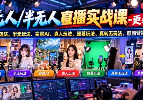 无人/半无人直播实战课-10月20更新：纯无玩法、半无玩法、实景AI、真人玩法、绿幕玩法、真转无玩法、麒麟臂摇手等-免费资源