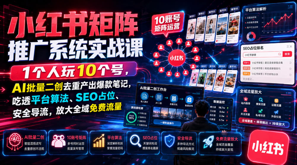 小红书矩阵推广系统实战课｜1个人玩10个号，ai批量-免费资源
