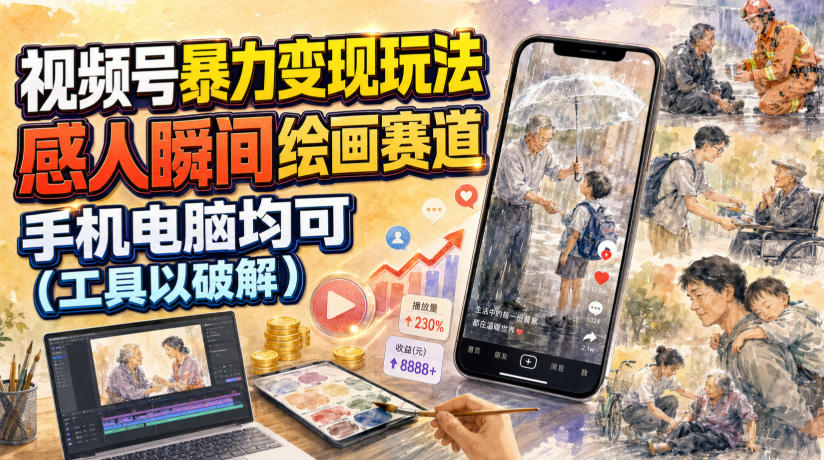 视频号暴力变现玩法，感人瞬间绘画赛道，手机电-免费资源