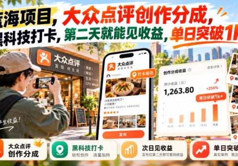 蓝海项目，大众点评创作分成，黑科技打卡，第二天就能见收益，单日突破1k+【揭秘】-免费资源