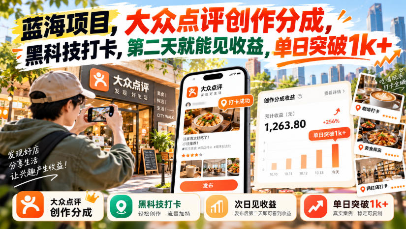 蓝海项目，大众点评创作分成，黑科技打卡，第二天就能见收益，单日突破1k+【揭秘】