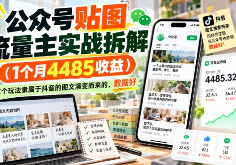 公众号贴图流量主实战拆解(1个月4485收益),这个玩法隶属于抖音的图文演变而来的,数据好-免费资源