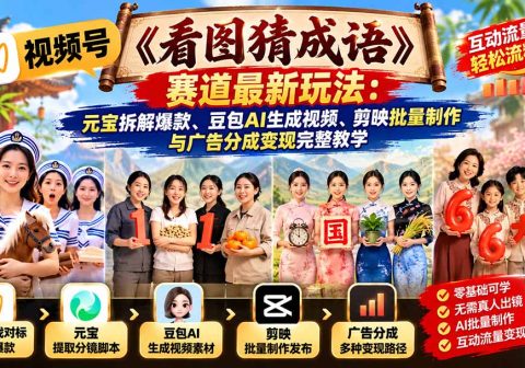 视频号《看图猜成语》赛道最新玩法：元宝拆解爆款、豆包AI生成视频、剪映批量制作与广告分成变现完整教学-免费资源