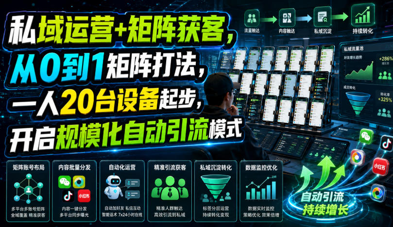 私域运营矩阵获客，从0到1矩阵打法，一人20台设备-免费资源