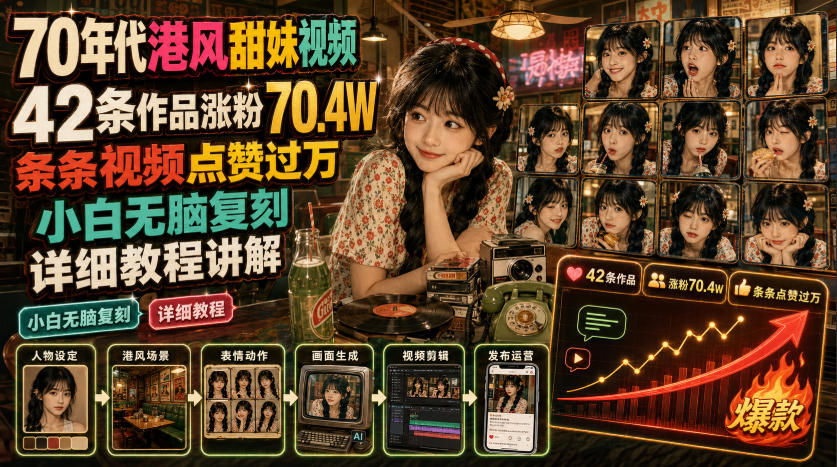 70年代港风甜妹视频，42条作品涨粉70-4w，条条视频点赞-免费资源