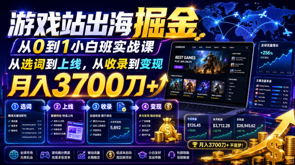 游戏站出海掘金从0到1小白实战课，从选词到上线，-免费资源