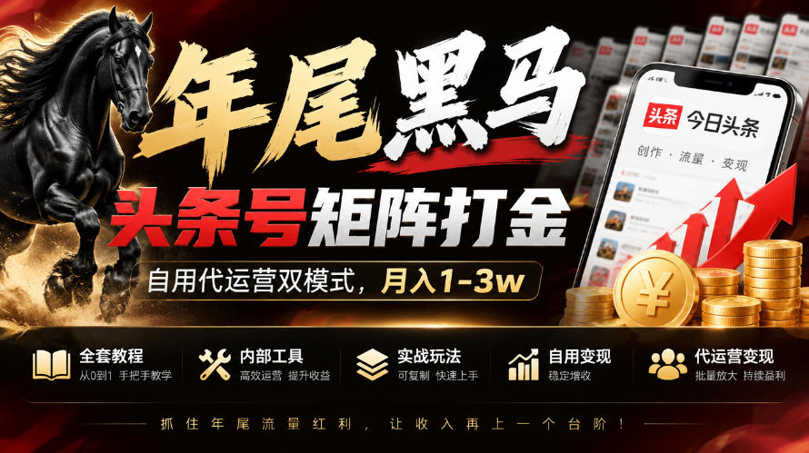 【年尾黑马】头条号矩阵打金，自用代运营双模式，月入1-3w，附全套教程及内部工具【揭秘】
