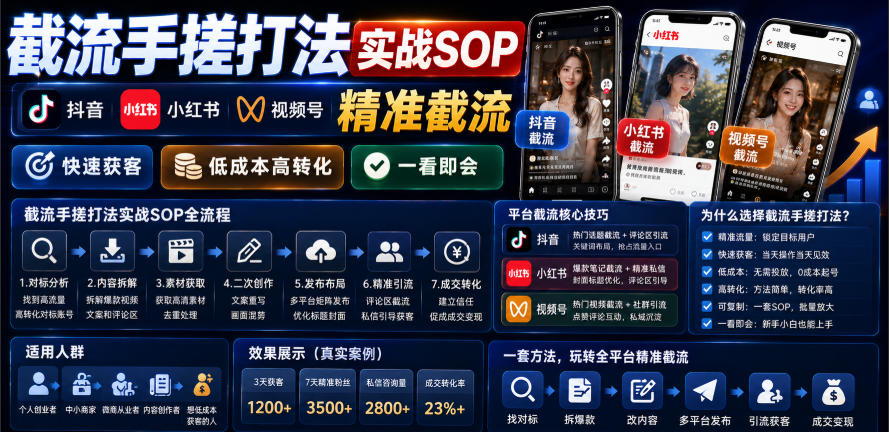 截流手搓打法实战sop，抖音小红书视频号精准截流-免费资源