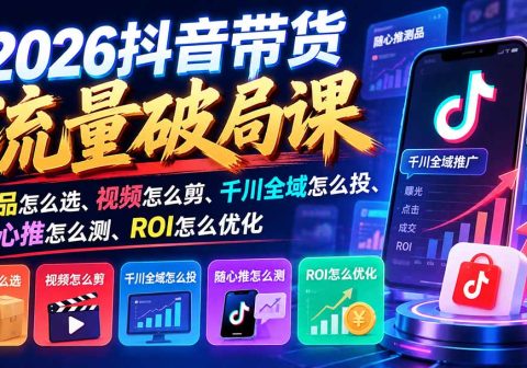 2026抖音带货流量破局课：爆品怎么选、视频怎么剪、千川全域怎么投、随心推怎么测、ROI怎么优化-免费资源