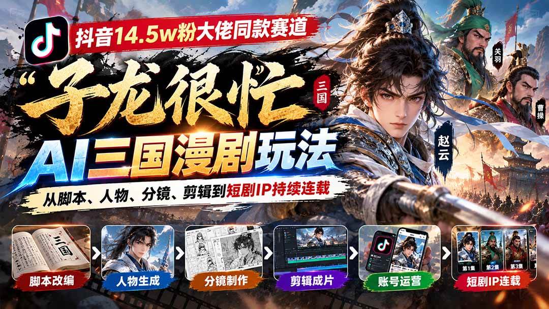 （20818期）抖音14.5w粉大佬同款赛道「子龙很忙」AI三国漫剧玩法：从脚本、人物、分镜、剪辑到短剧IP持续连载-免费资源