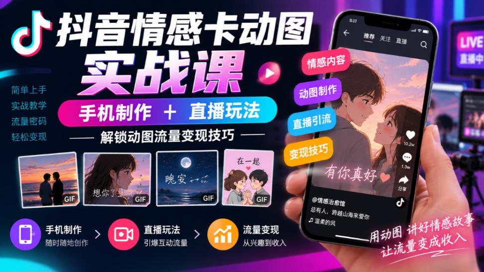 抖音情感卡动图实战课｜手机制作+直播玩法，解锁动图流量变现技巧-免费资源