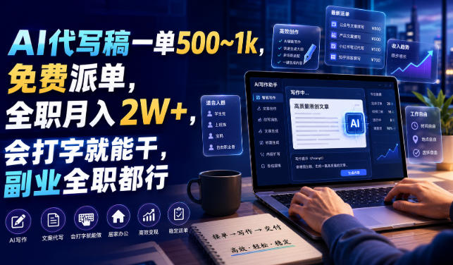 ai代写稿一单5001k，免费派单，全职月入2w，会打字就能-免费资源