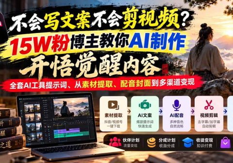 不会写文案不会剪视频?15W粉博主教你AI制作开悟觉醒内容,全套AI工具提示词、从素材提取、配音封面到多渠道变现-免费资源