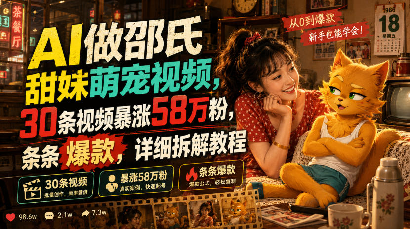 ai做邵氏甜妹萌宠视频，30条视频暴涨58万粉，条条爆-免费资源
