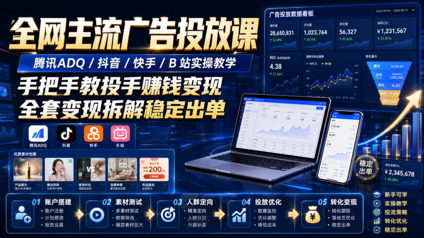 全网主流广告投放课，腾讯adq-抖音-快手-b-站实操教-免费资源