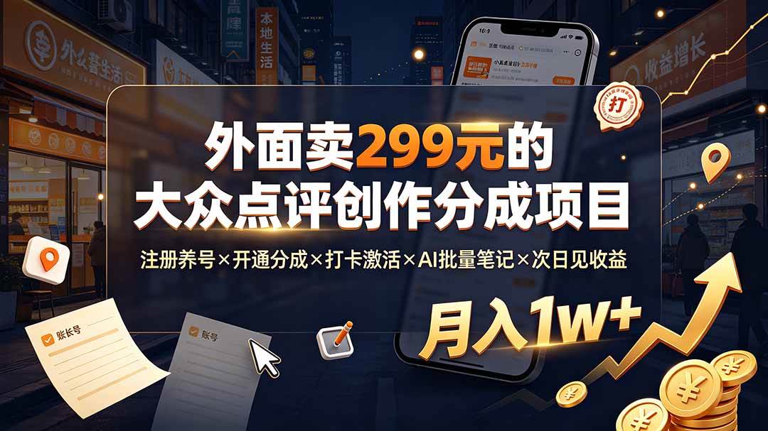 （19488期）外面卖299元的大众点评创作分成项目：注册-免费资源