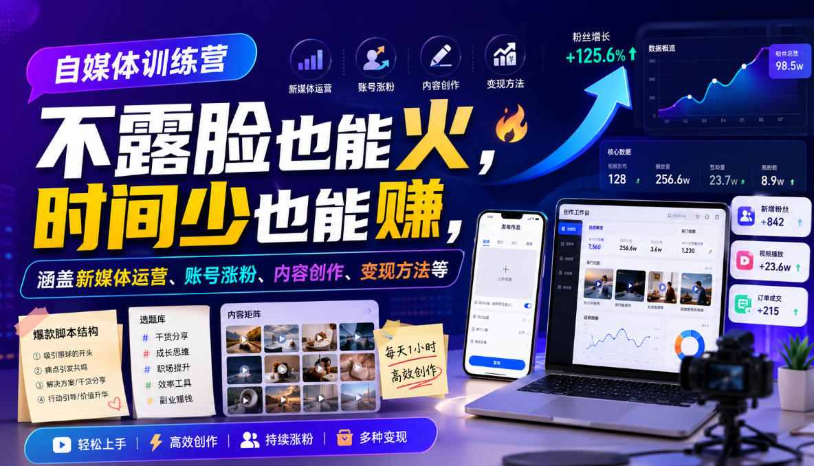 自媒体训练营，不露脸也能火，时间少也能賺，涵-免费资源