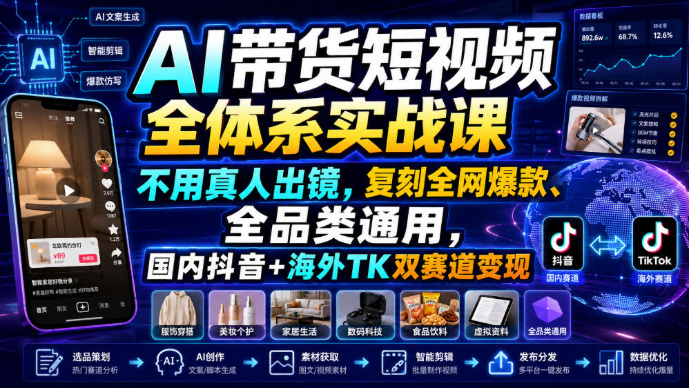 ai带货短视频全体系实战课，不用真人出镜，复刻全-免费资源