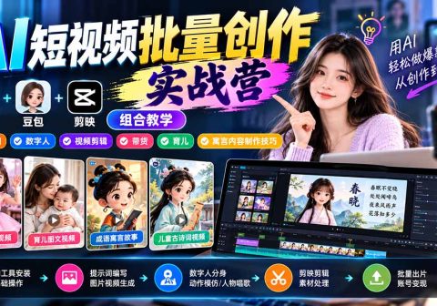 【无水印】AI短视频批量创作实战营：即梦+豆包+剪映组合教学，提示词/数字人/视频剪辑/带货/育儿/寓言内容制作技巧-免费资源