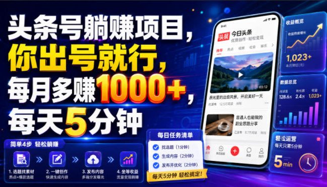 头条号躺賺项目，你出号就行，每月多賺1000，每天5-免费资源